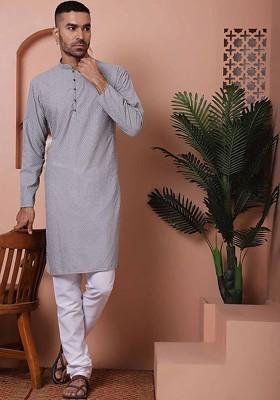 Grey Ethnic Motif Poly Blend Kurta For Men