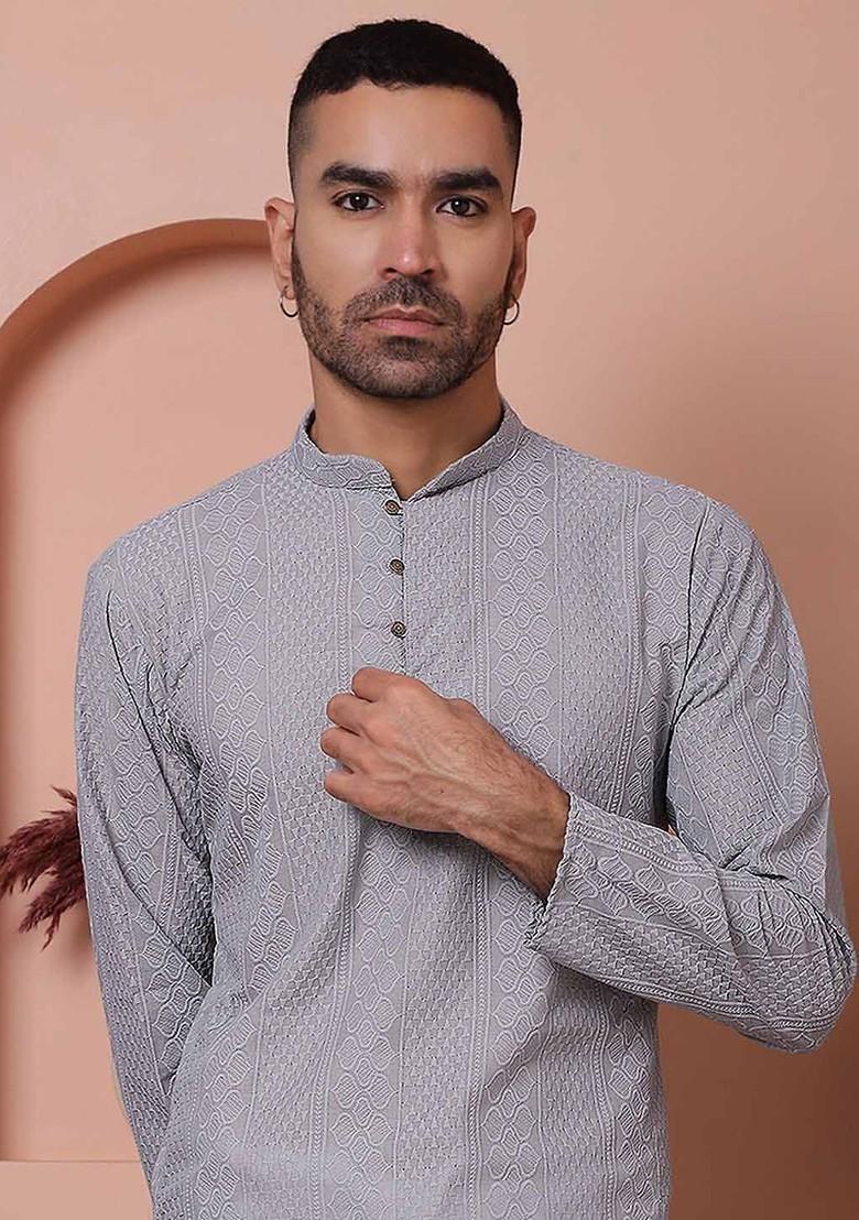 Grey Ethnic Motif Poly Blend Kurta For Men