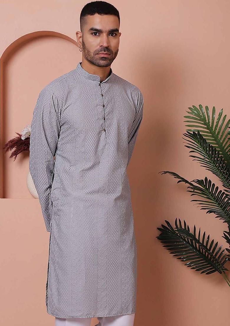 Grey Ethnic Motif Poly Blend Kurta For Men