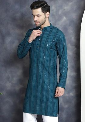 Blue Embellished Poly Blend Kurta For Men