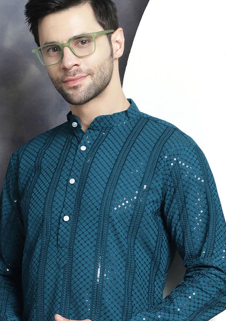 Blue Embellished Poly Blend Kurta For Men