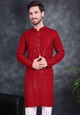 Maroon Embroidered Poly Blend Kurta For Men