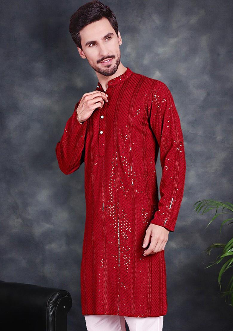 Maroon Embroidered Poly Blend Kurta For Men