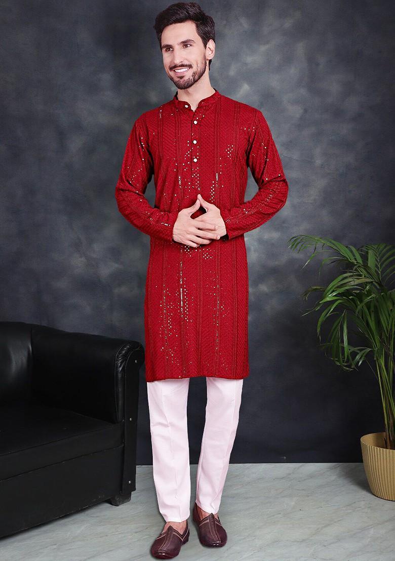 Maroon Embroidered Poly Blend Kurta For Men