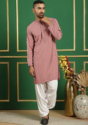Pink Embroidered Poly Blend Kurta For Men