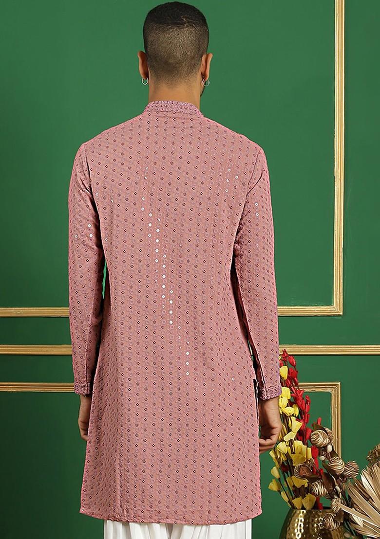 Pink Embroidered Poly Blend Kurta For Men
