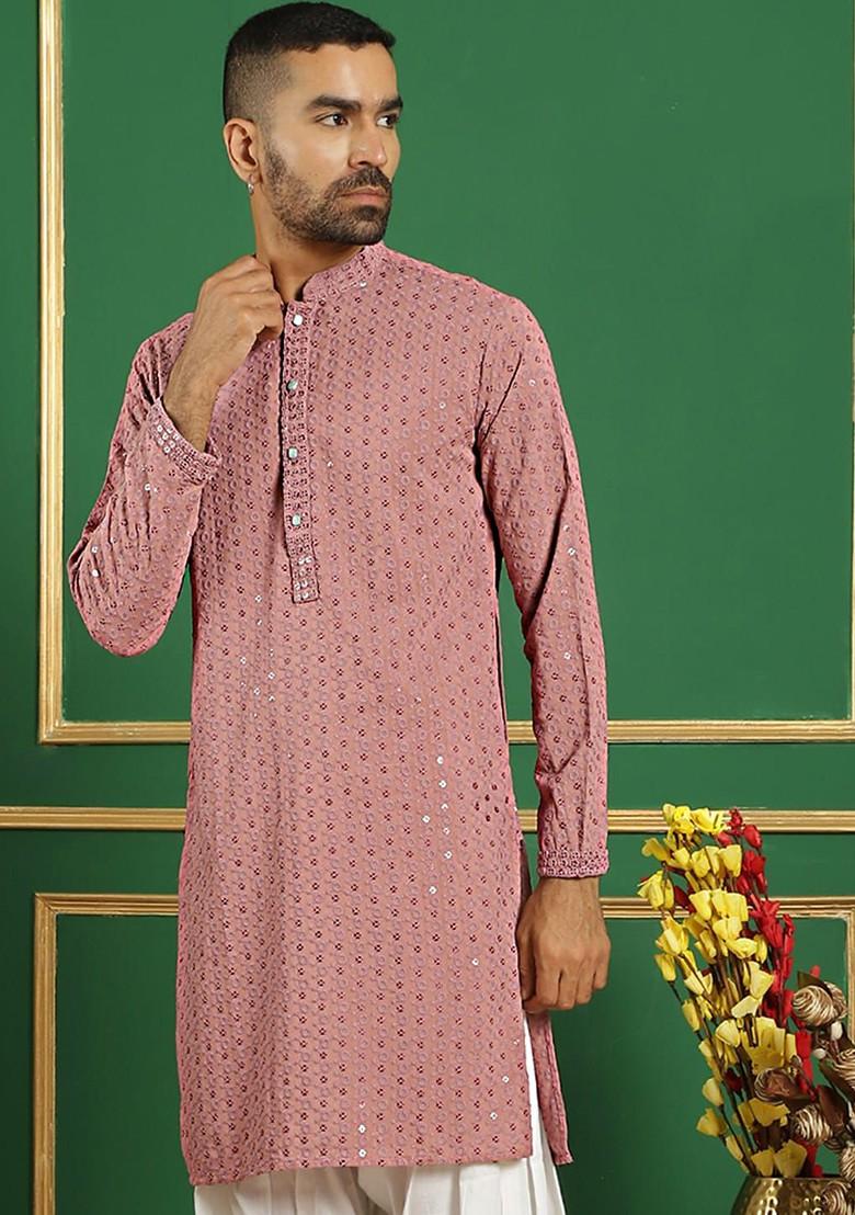 Pink Embroidered Poly Blend Kurta For Men
