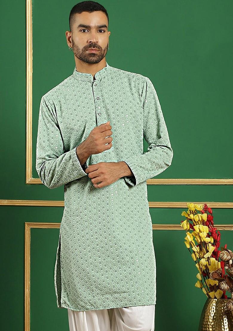 Green Embroidered Poly Blend Kurta For Men