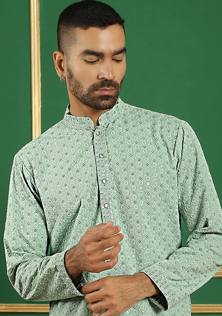 Green Embroidered Poly Blend Kurta For Men