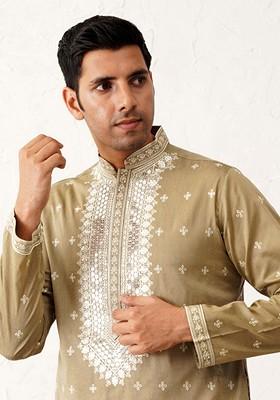 Beige Embroidered Poly Blend Kurta For Men