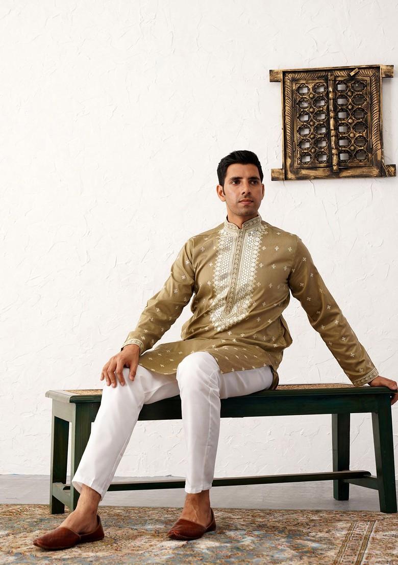 Beige Embroidered Poly Blend Kurta For Men