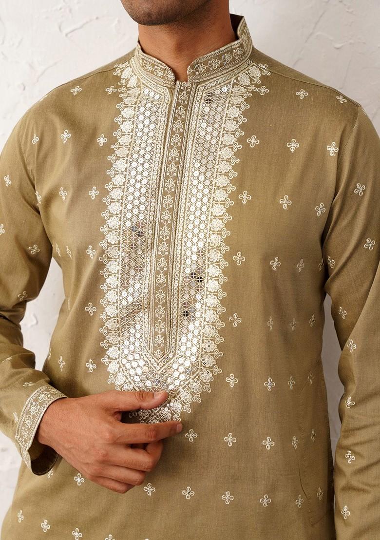 Beige Embroidered Poly Blend Kurta For Men
