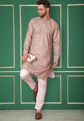 Peach Embroidered Poly Blend Kurta For Men
