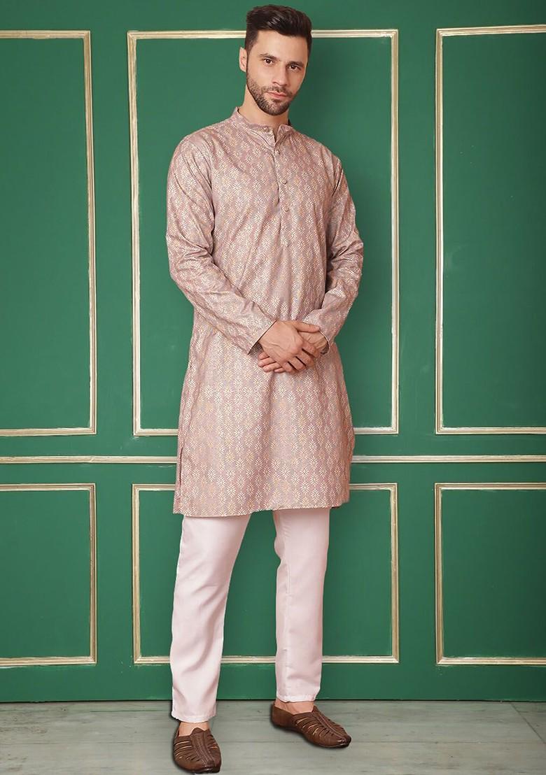 Peach Embroidered Poly Blend Kurta For Men