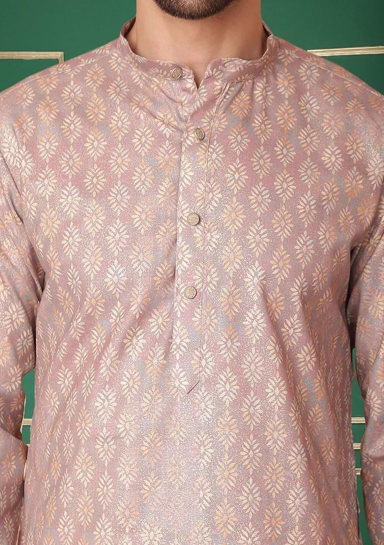 Peach Embroidered Poly Blend Kurta For Men