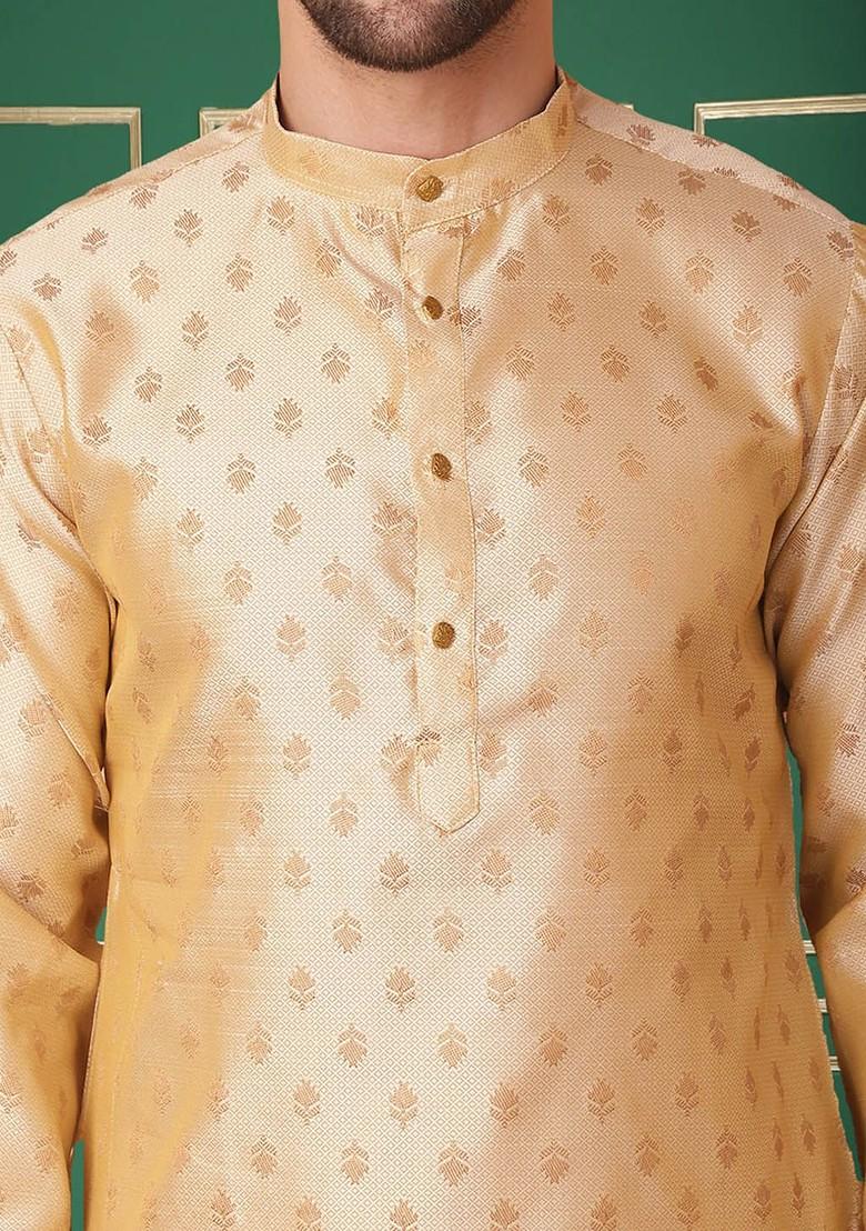 Gold Ethnic Motif Poly Blend Kurta For Men