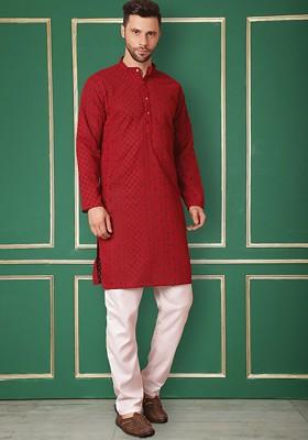 Maroon Embroidered Poly Blend Kurta For Men