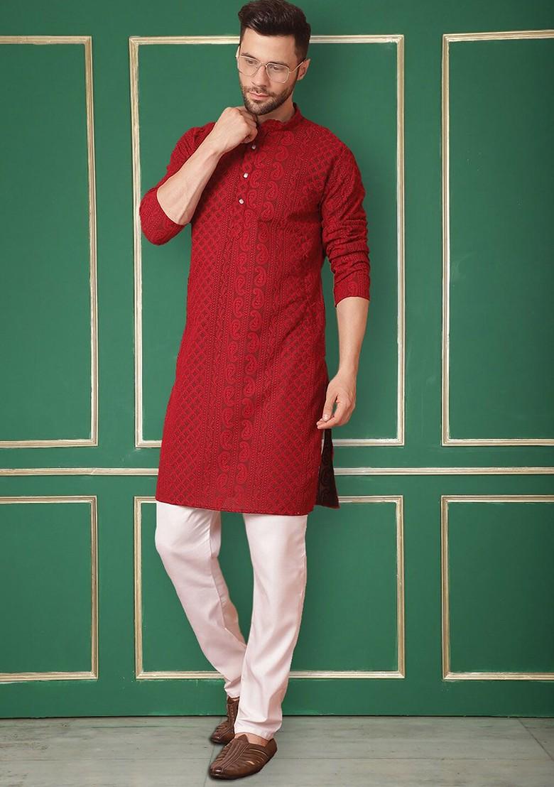 Maroon Embroidered Poly Blend Kurta For Men