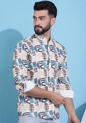 Beige Embroidered Poly Blend Kurta For Men