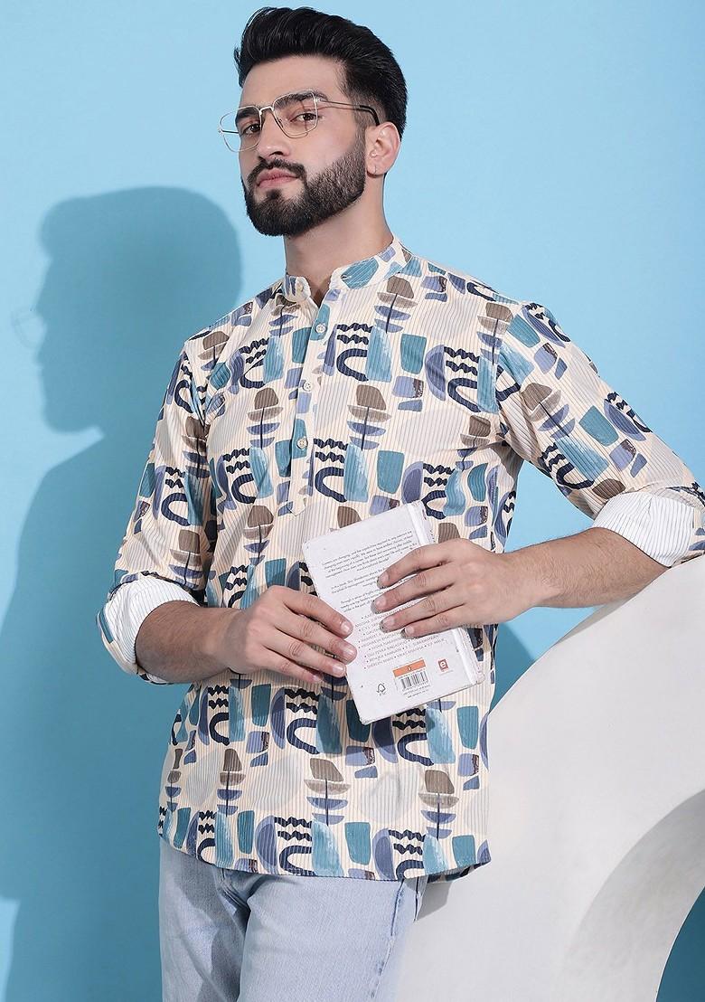 Beige Embroidered Poly Blend Kurta For Men