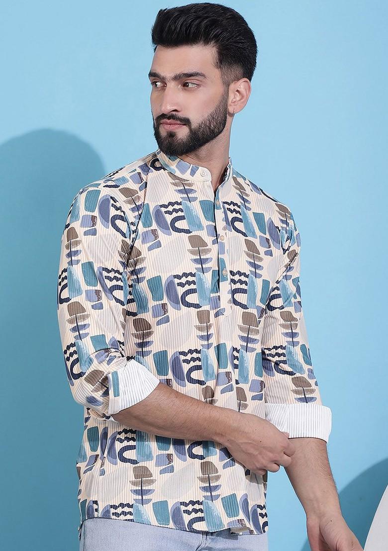 Beige Embroidered Poly Blend Kurta For Men