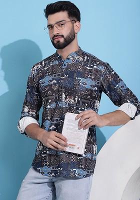 Black Printed Poly Blend Kurta For Men