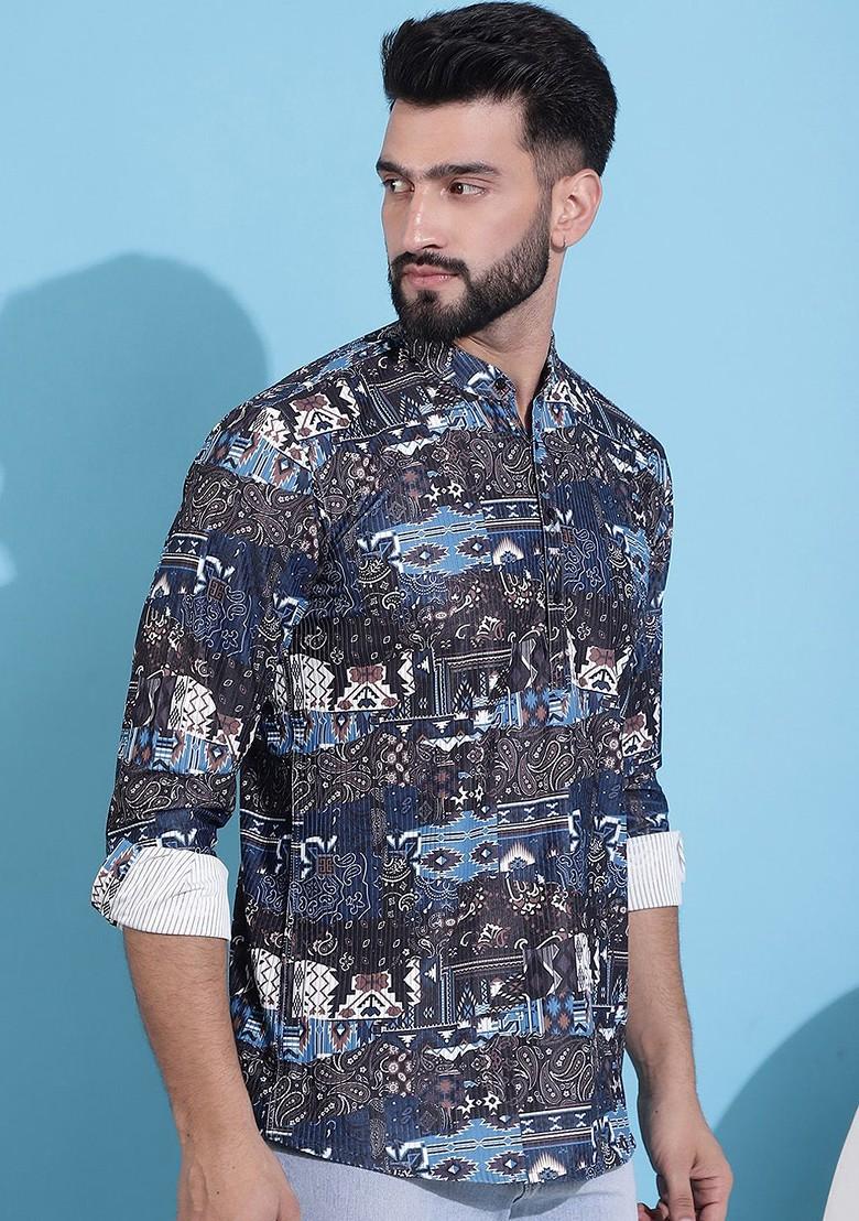 Black Printed Poly Blend Kurta For Men