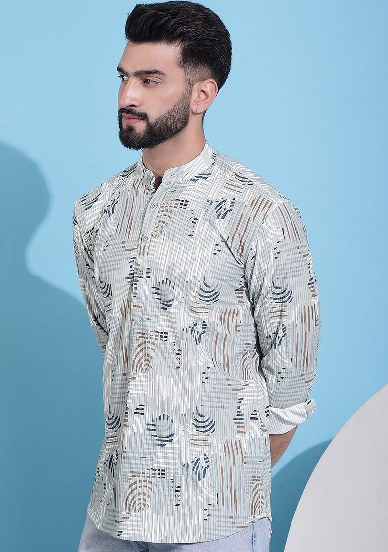 Green Printed Poly Blend Kurta For Men