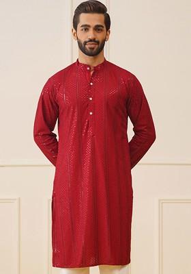 Maroon Embroidered Poly Blend Kurta For Men