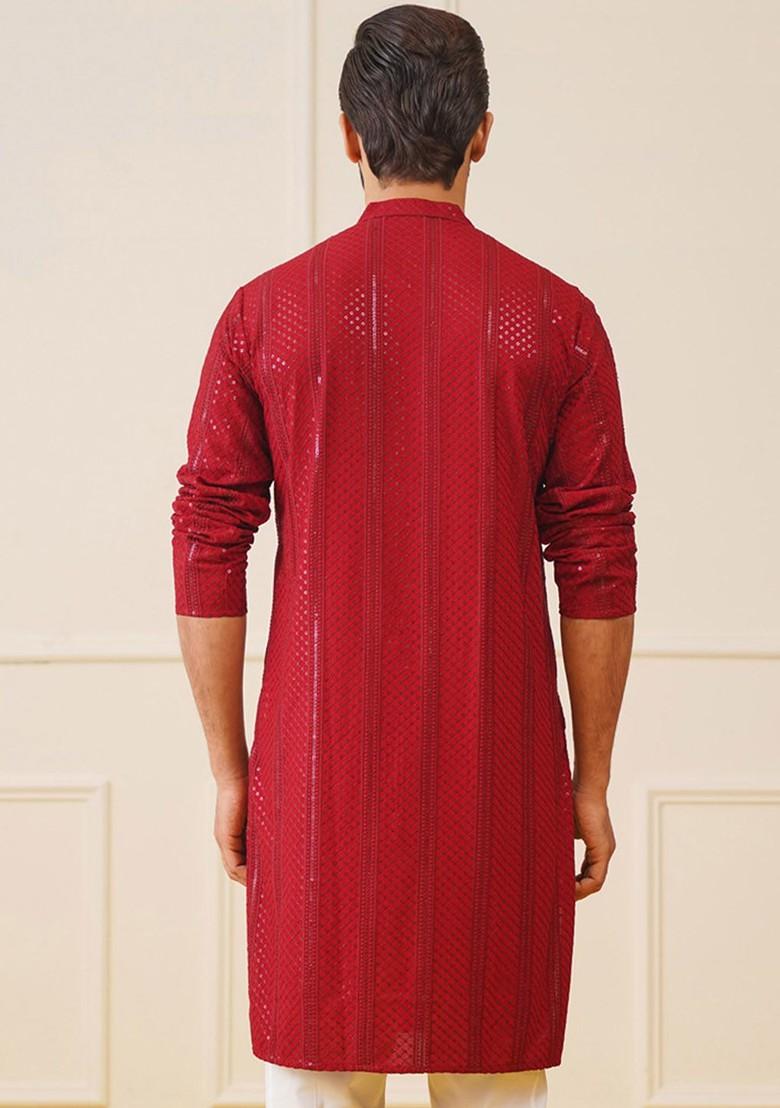 Maroon Embroidered Poly Blend Kurta For Men