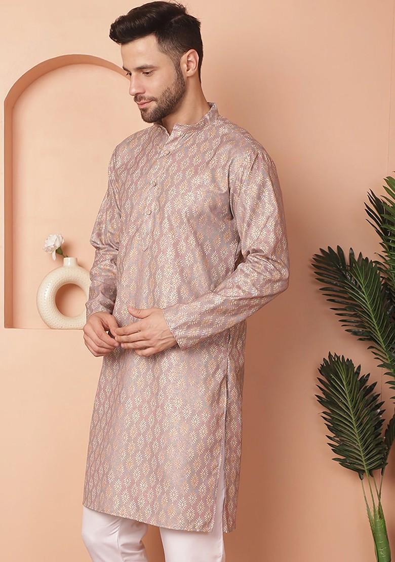 Peach Printed Poly Blend Kurta For Men