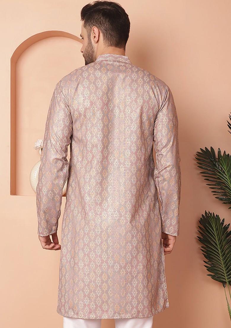 Peach Printed Poly Blend Kurta For Men