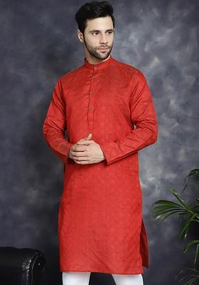 Red Woven Design Poly Blend Kurta For Men