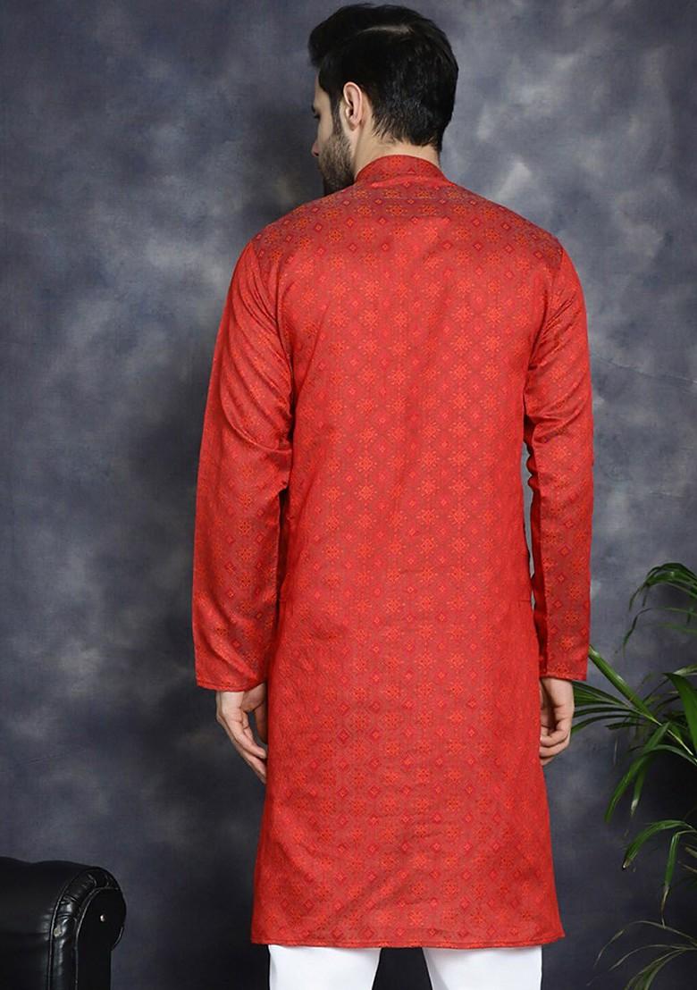 Red Woven Design Poly Blend Kurta For Men