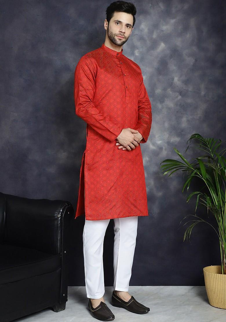 Red Woven Design Poly Blend Kurta For Men