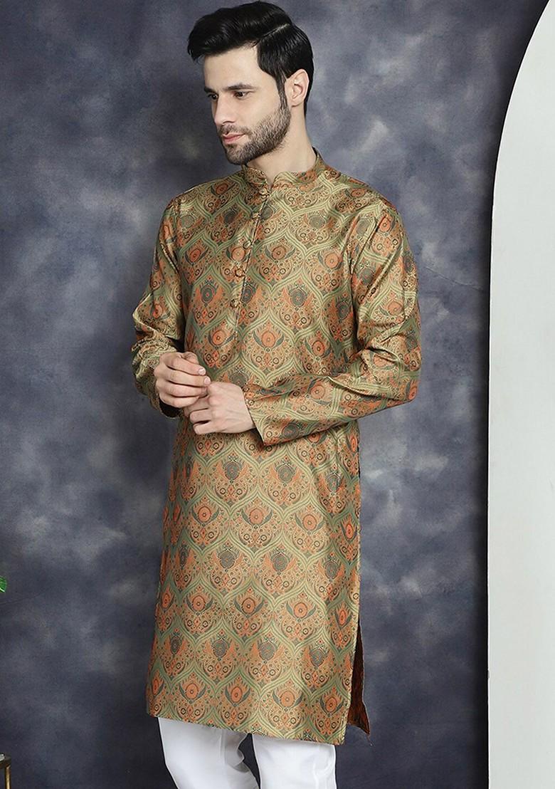 Gold Printed Poly Blend Kurta For Men