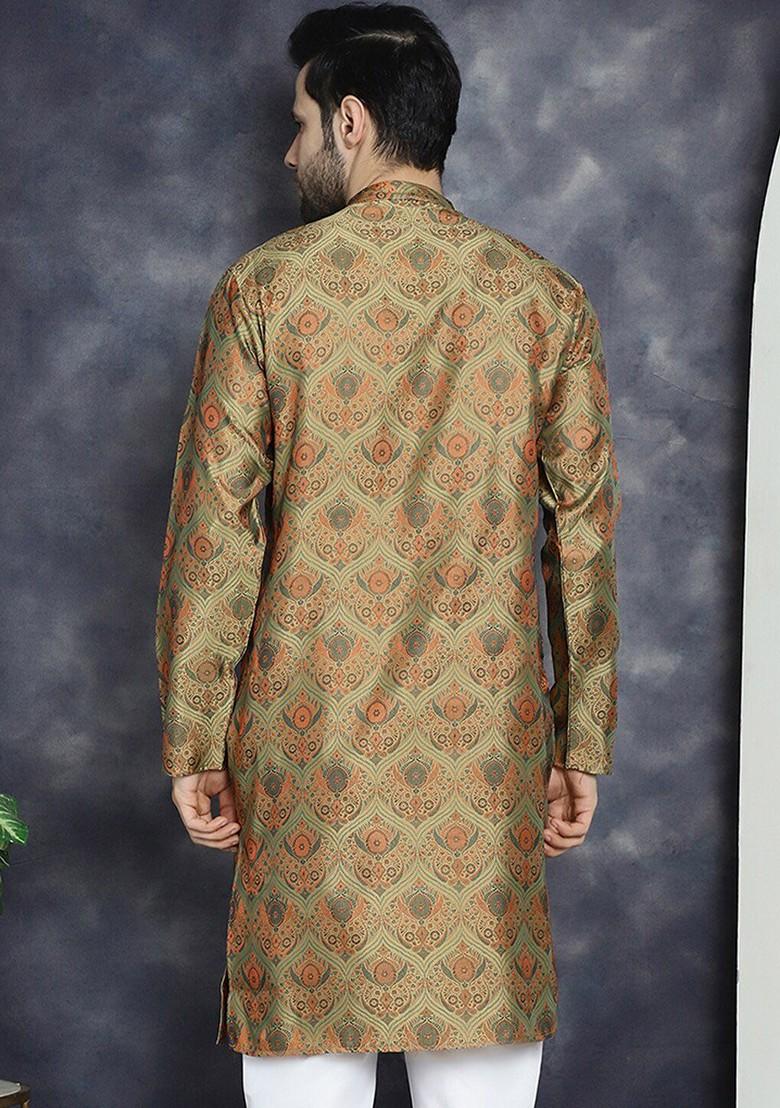 Gold Printed Poly Blend Kurta For Men
