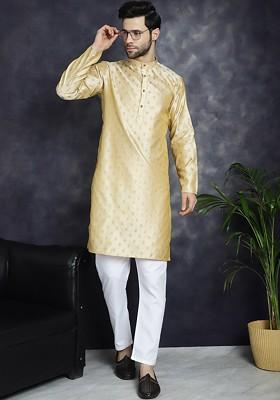 Gold Embroidered Poly Blend Kurta For Men