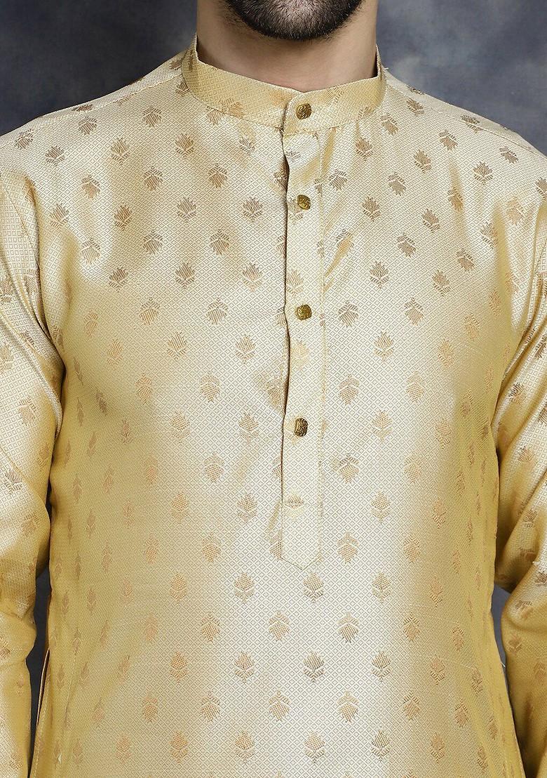 Gold Embroidered Poly Blend Kurta For Men