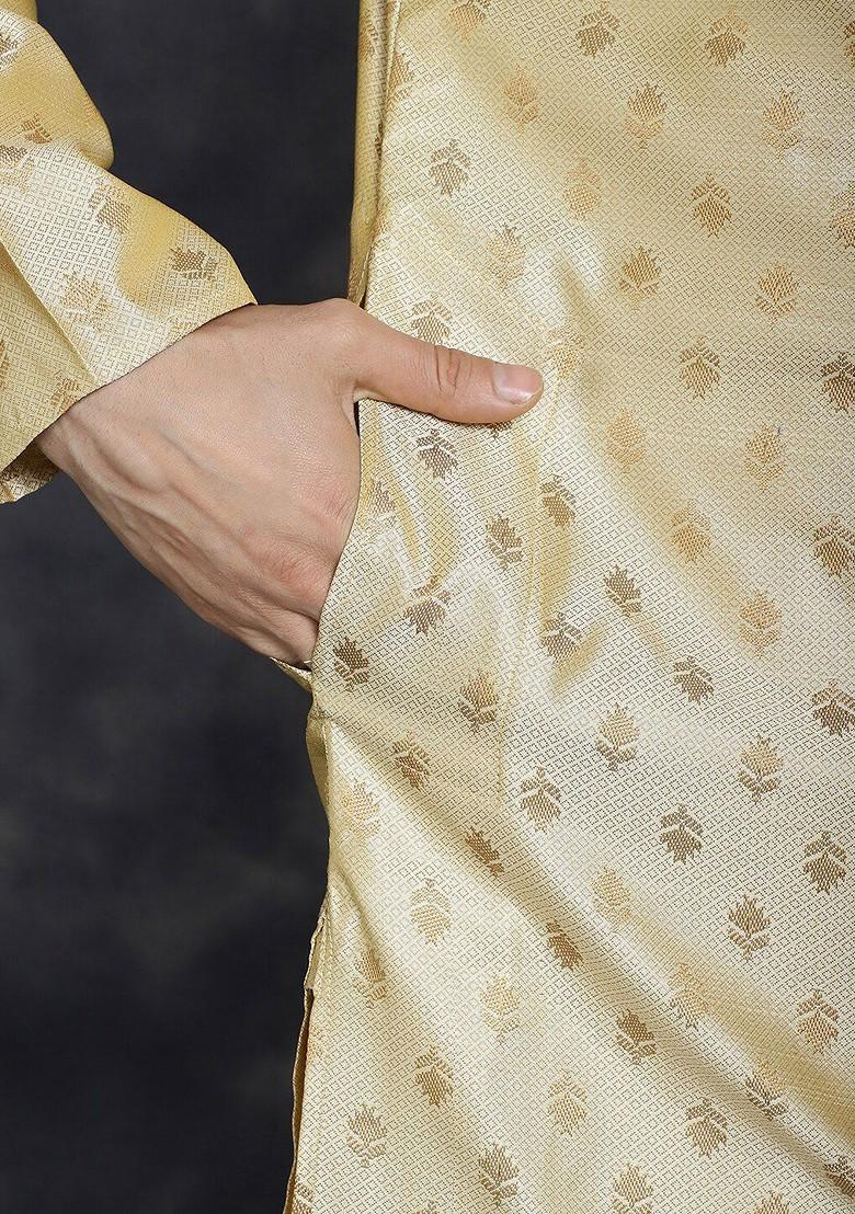 Gold Embroidered Poly Blend Kurta For Men