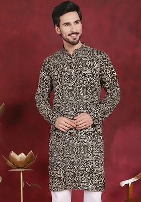 Olive Printed Poly Blend Kurta For Men