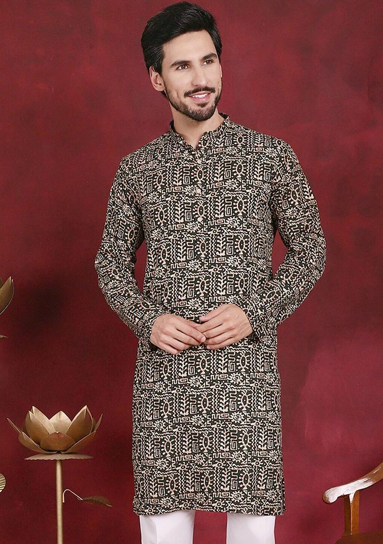 Olive Printed Poly Blend Kurta For Men