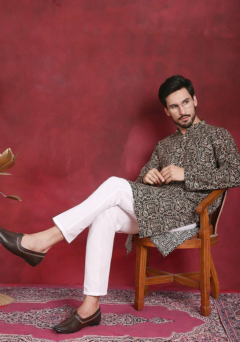 Olive Printed Poly Blend Kurta For Men