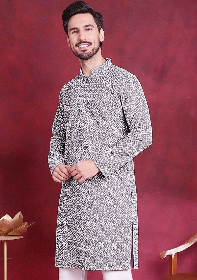 Grey Embroidered Poly Blend Kurta For Men - Indya