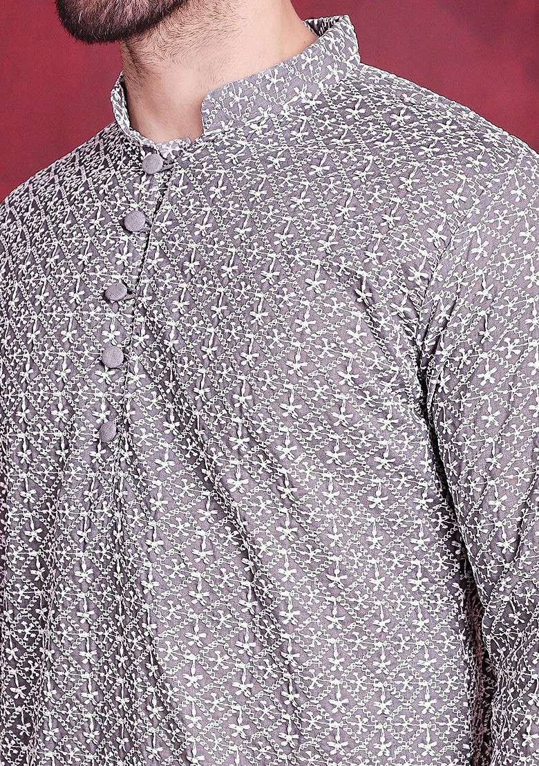 Grey Embroidered Poly Blend Kurta For Men - Indya