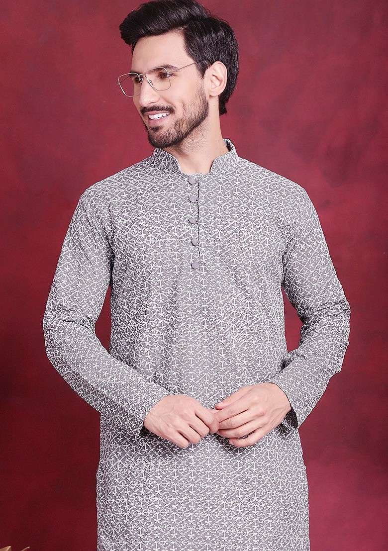 Grey Embroidered Poly Blend Kurta For Men - Indya
