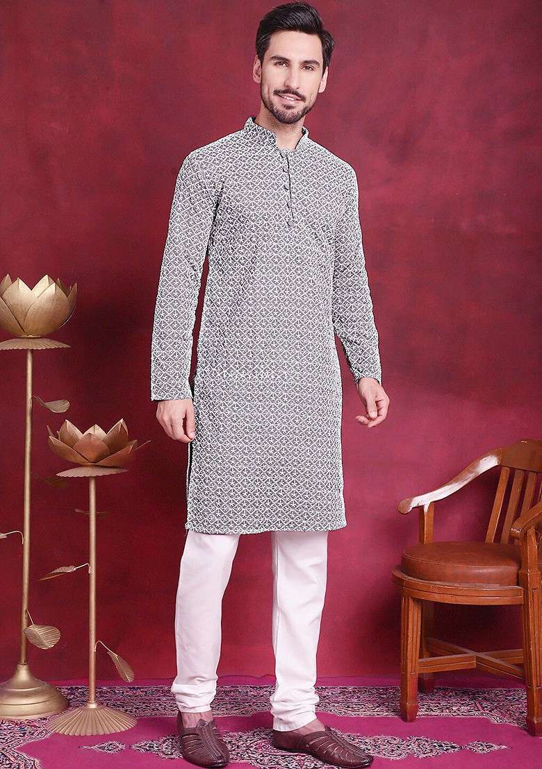 Grey Embroidered Poly Blend Kurta For Men - Indya