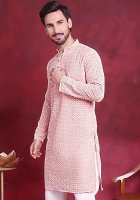 Orange Embroidered Poly Blend Kurta For Men