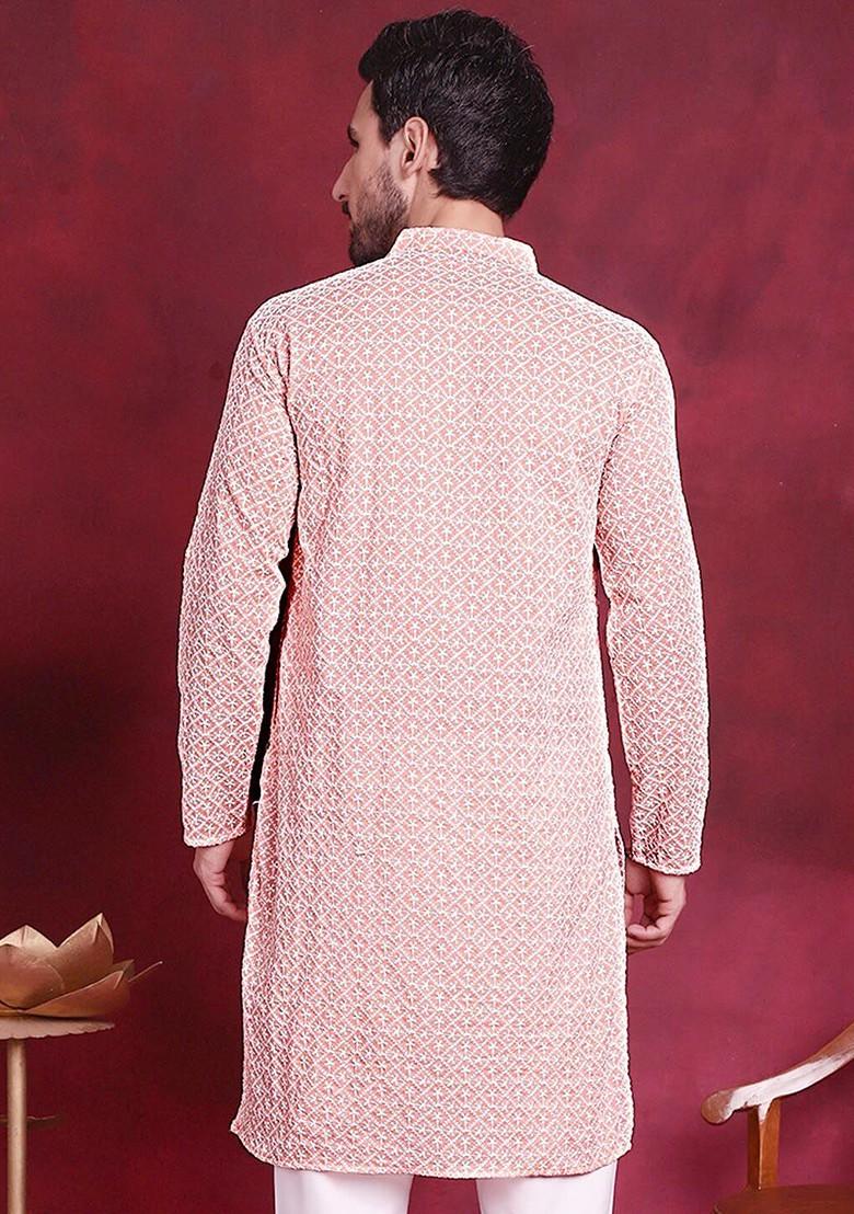 Orange Embroidered Poly Blend Kurta For Men