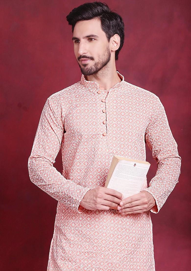 Orange Embroidered Poly Blend Kurta For Men